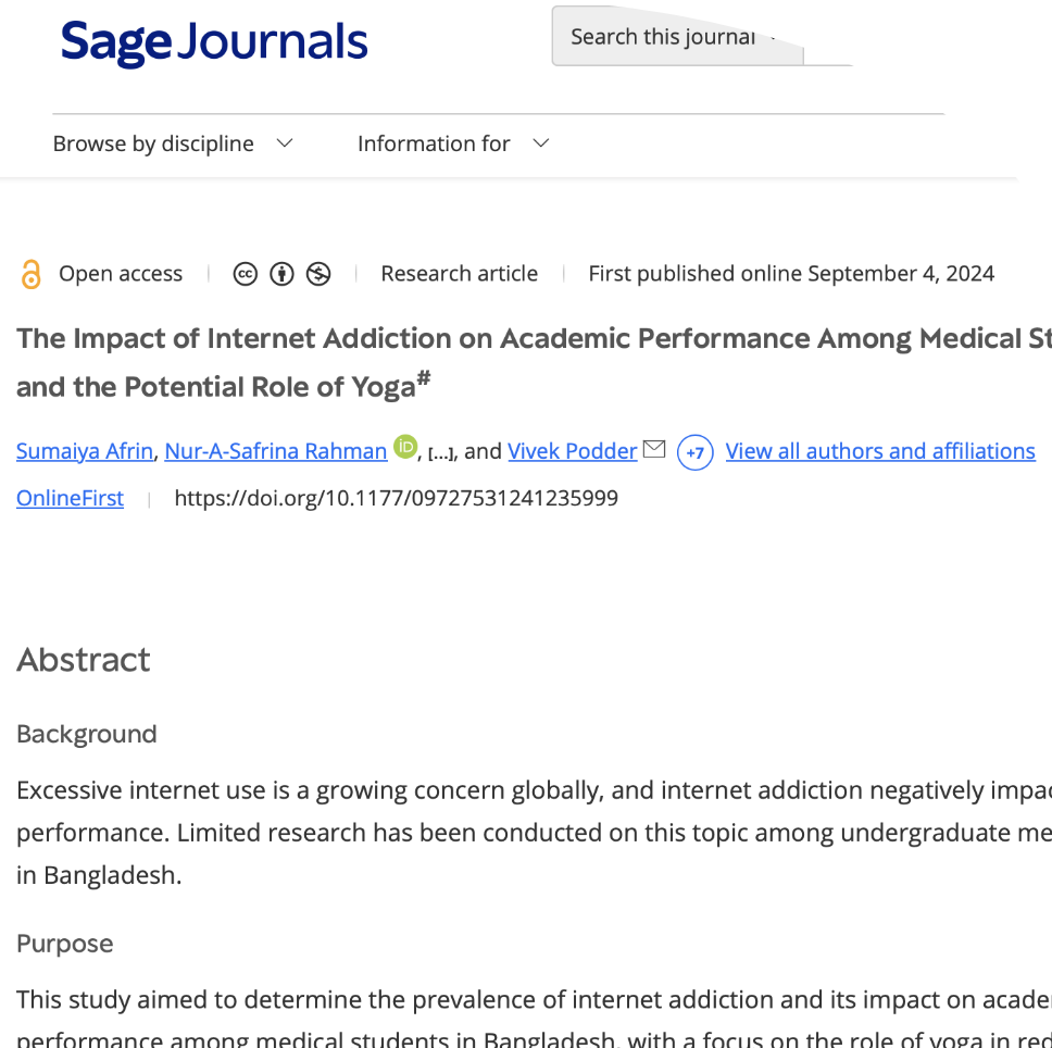 The Impact of Internet Addiction on Academic Performance Among Medical Students in Bangladesh: A Cross-Sectional Study and the Potential Role of Yoga#